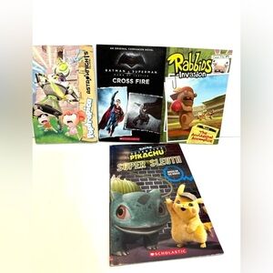 Children’s Book Lot of 4: Detective Pikachu Batman Superman Rabbids Poptropica